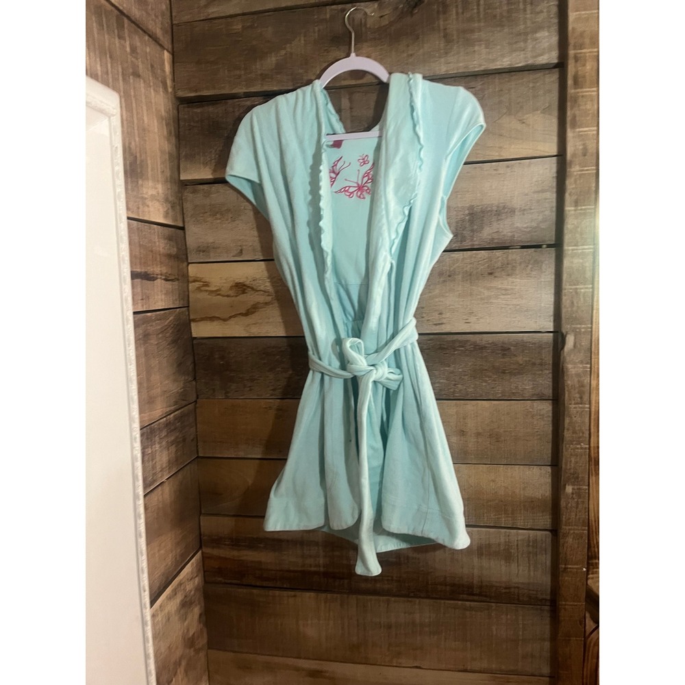 Betsey Johnson Intimates Blue Velour Hooded Robe Butterfly Embroidery Large